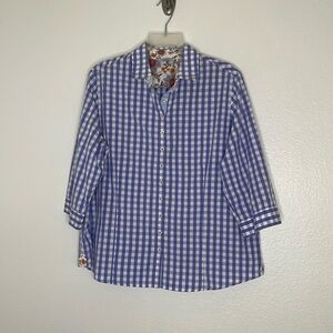 Gloriette Vienna 3/4 Sleeve Blue Plaid Button Down Cotton Shirt Size EU 46 US 12